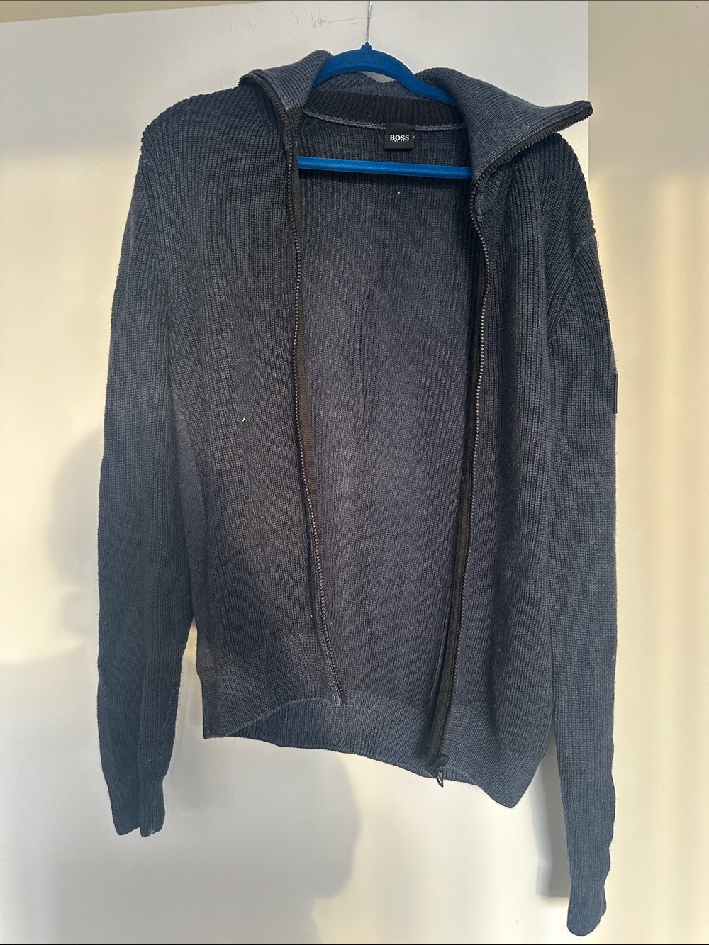 BOSS Men's Dark Navy Zip-Up Ribbed Sweater